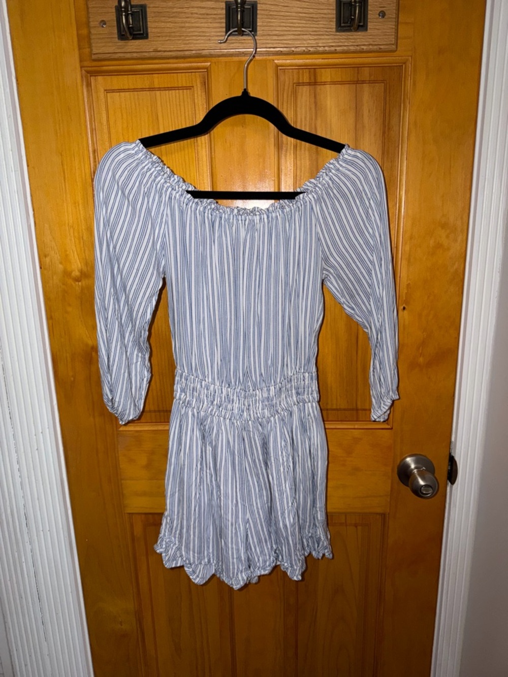 Hollister Blue and White Striped Off-Shoulder Romper